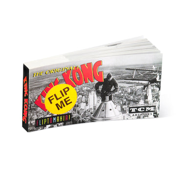 Kong Flip Me Fliptomania box with black and white image of Kong and yellow text on a white background. Flip books the path to cinema at the academy museum store in los angeles from the TCM Archives.